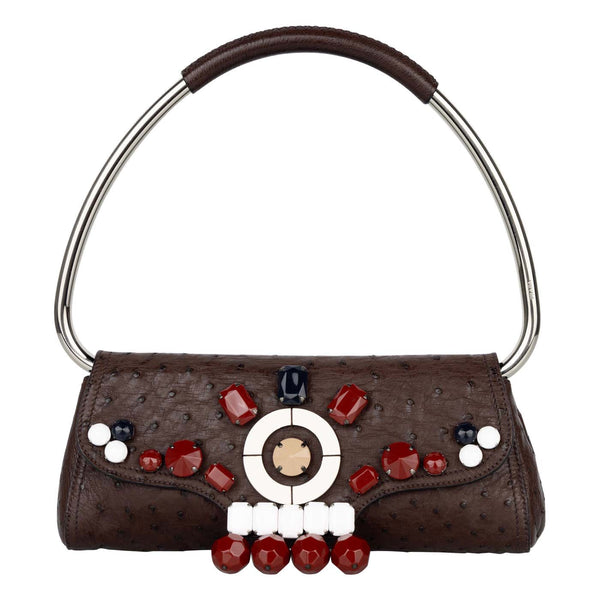 Prada Brown Ostrich Leather Jewel Embellished Swing Bag SS 2003 Archival Piece