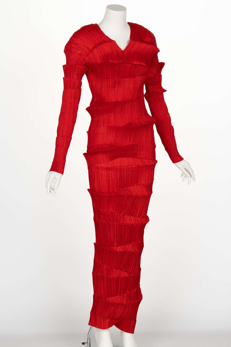 Incredible 1990s Issey Miyake Pleated Red Top & Skirt Ensemble