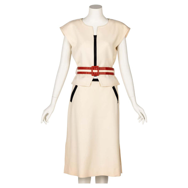 Vintage Courrèges  Ivory Wool Belted Jacket & Skirt