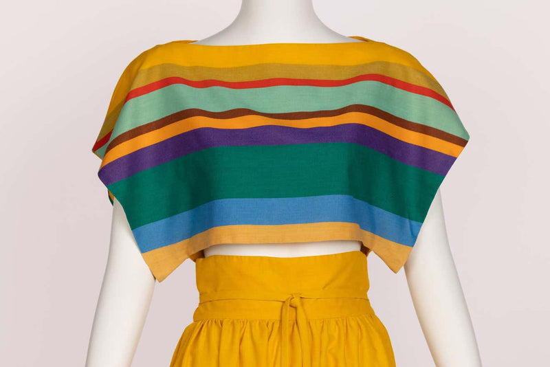 1970s Mollie Parnis Yellow Striped Crop Top Bralette Maxi Skirt Set