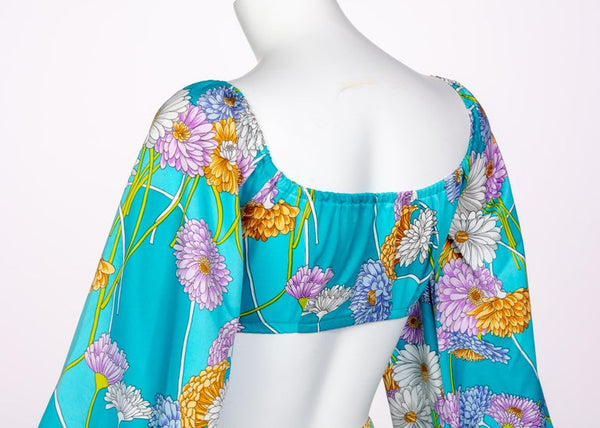 1970s Turquoise Floral Cropped Blouse Palazzo Pant Ensemble