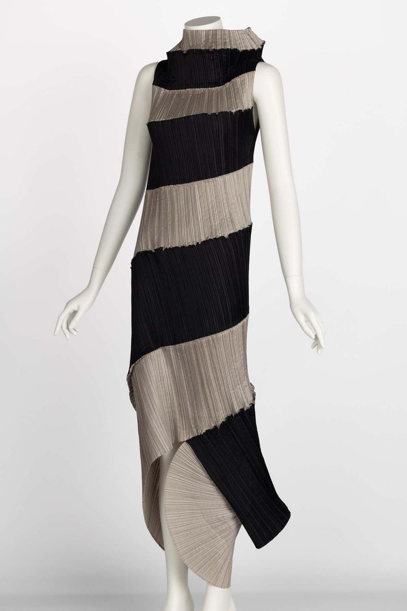 Issey Miyake Black & Beige Striped Plisse Spiral Nautilus Dress, 1990s