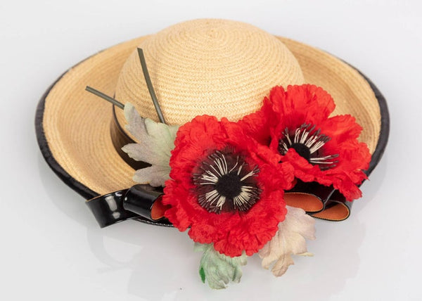 Yves Saint Laurent Straw and Black Patent Leather Red Poppy Flower Hat, 1970s