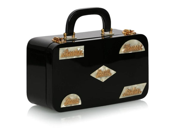 Wilardy Black Lucite Mother of Pearl and Gold Travel Destination Bag,1950s