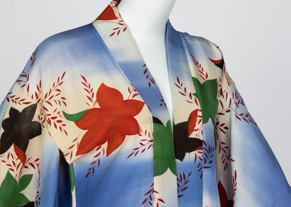 Japanese Silk Watercolor Falling Leaves Kimono Jacket Dress, 1970s