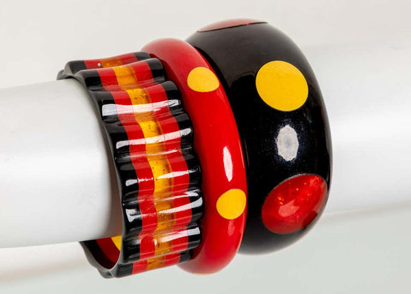 Art Deco Polka Dot & Striped Bakelite Bangle Bracelet Set of 3