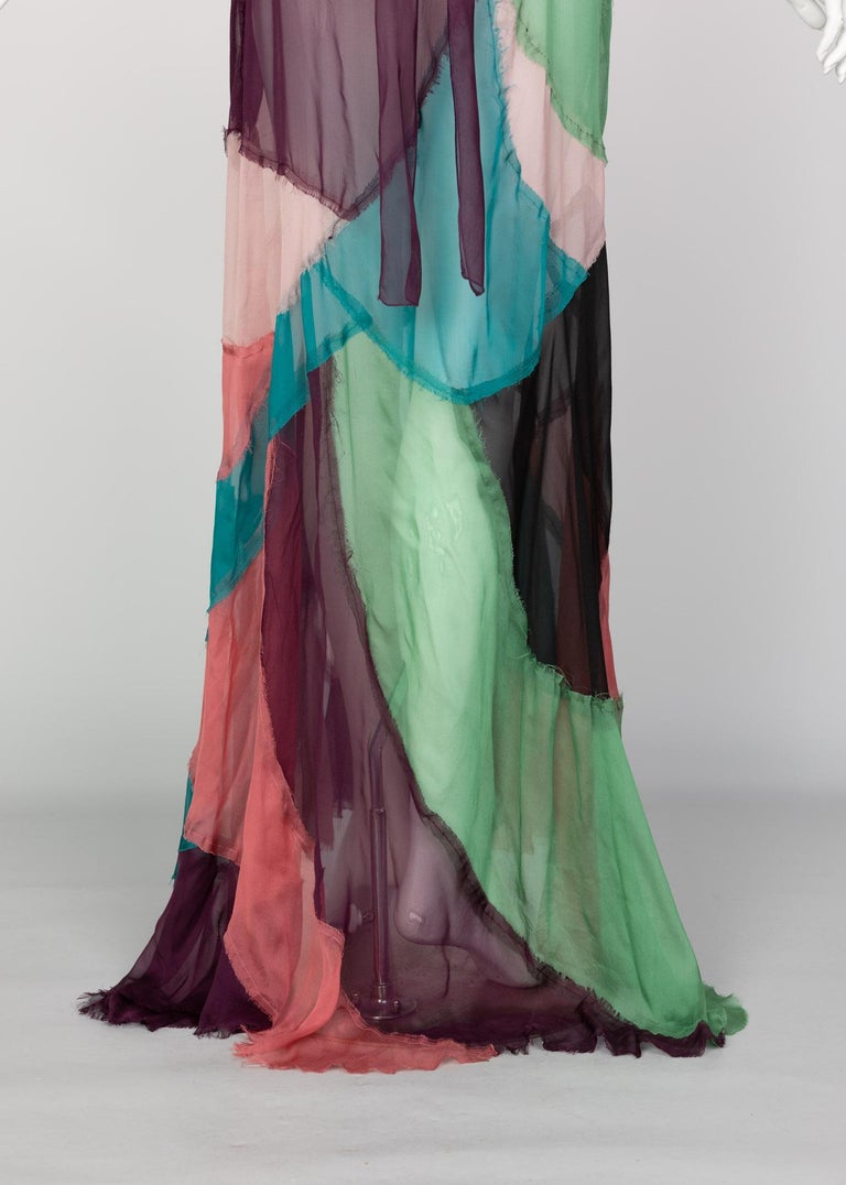 Alberta Ferretti Silk Chiffon Patchwork Open back Halter Gown, 2005