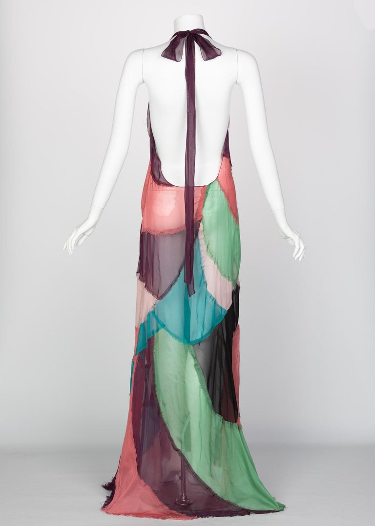 Alberta Ferretti Silk Chiffon Patchwork Open back Halter Gown, 2005