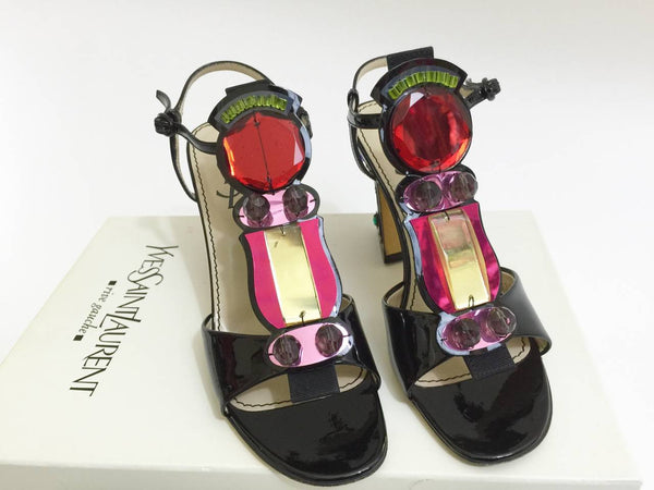 Yves Saint Laurent Patent Leather and Jewel T- Strap Heel Sandals Shoes 5