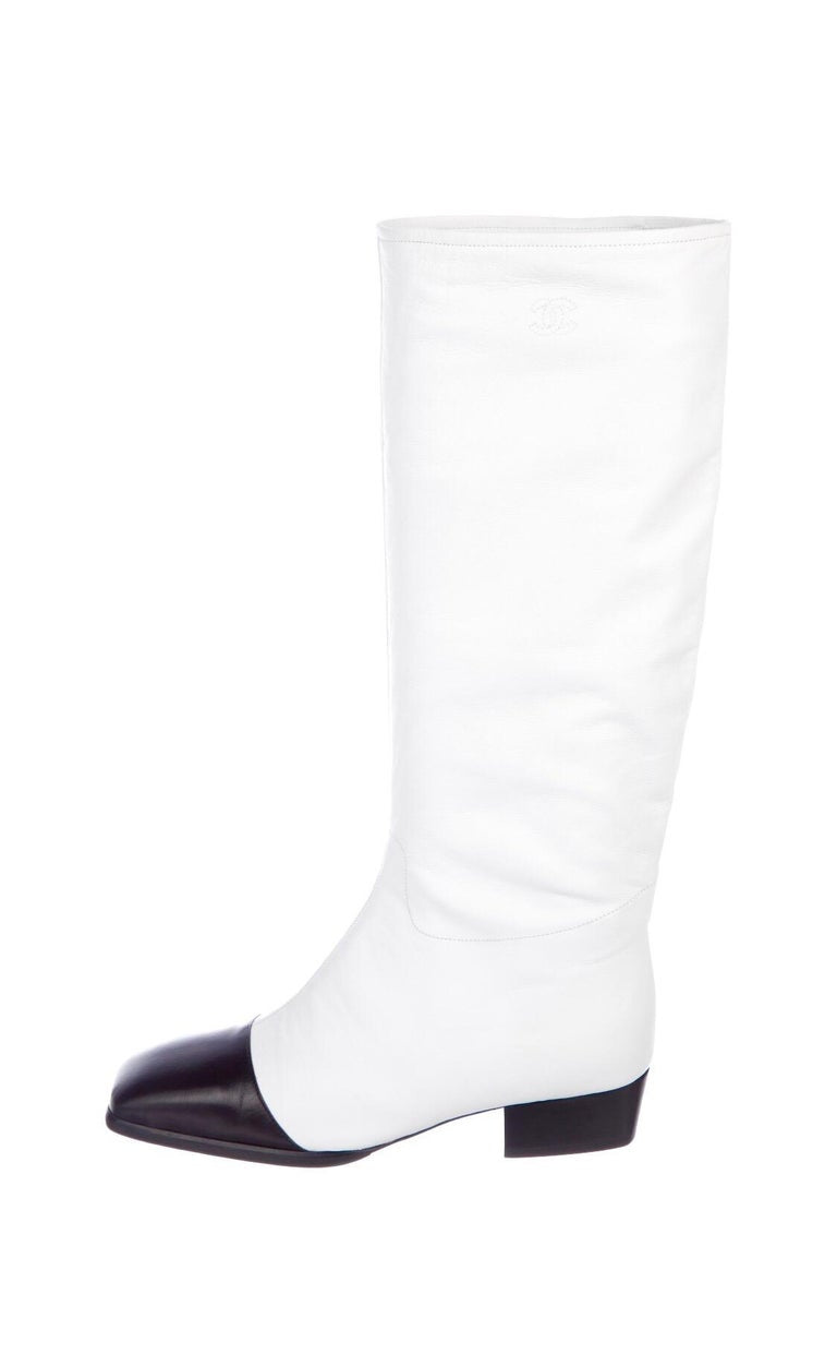 Chanel Winter 1998 Runway White Black Leather Square Toe Western Boots Size 5.5