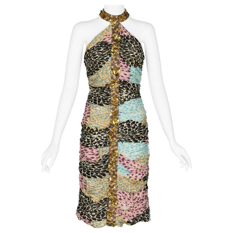 Missoni Embellished Silk Print Halter Dress F/W 2005 Basha Gold Missoni Embellished Silk Print Halter Dress F/W 2005 Basha Gold