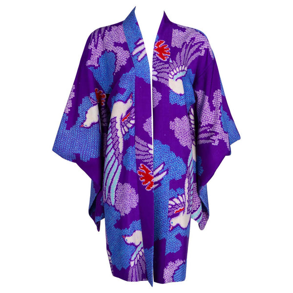 Vintage Japanese Purple Blue Bird Kimono Jacket