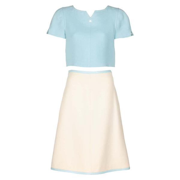 Vintage Courrèges Paris Baby Blue Creme Cropped Top and Skirt Set