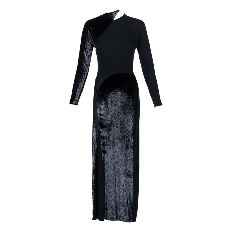Basha Gold Geoffrey Beene Black Crepe Panne Velvet Dress 1990s