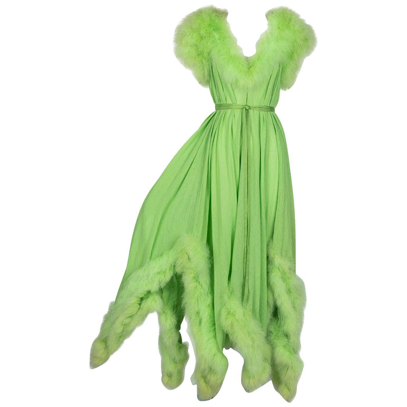 Vintage Light Green Marabou Feather Trimmed Maxi Dress