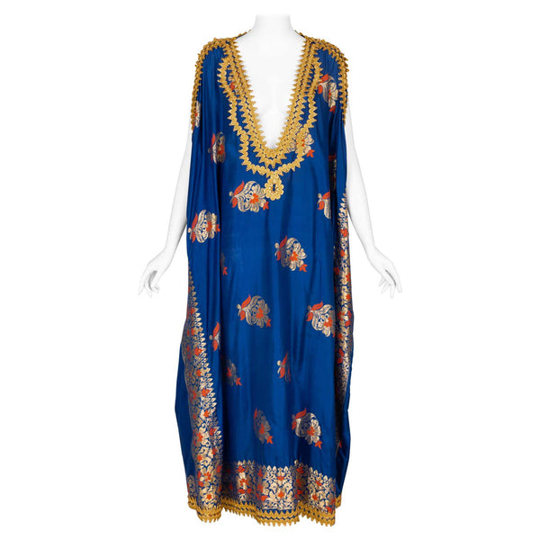 Antique Royal Blue Silk Gold Embroidered Caftan Dress