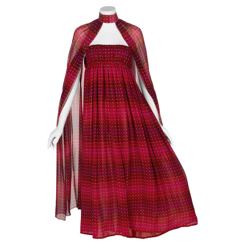 1970s Pauline Trigère Red Print Strapless Dress & Cape Set