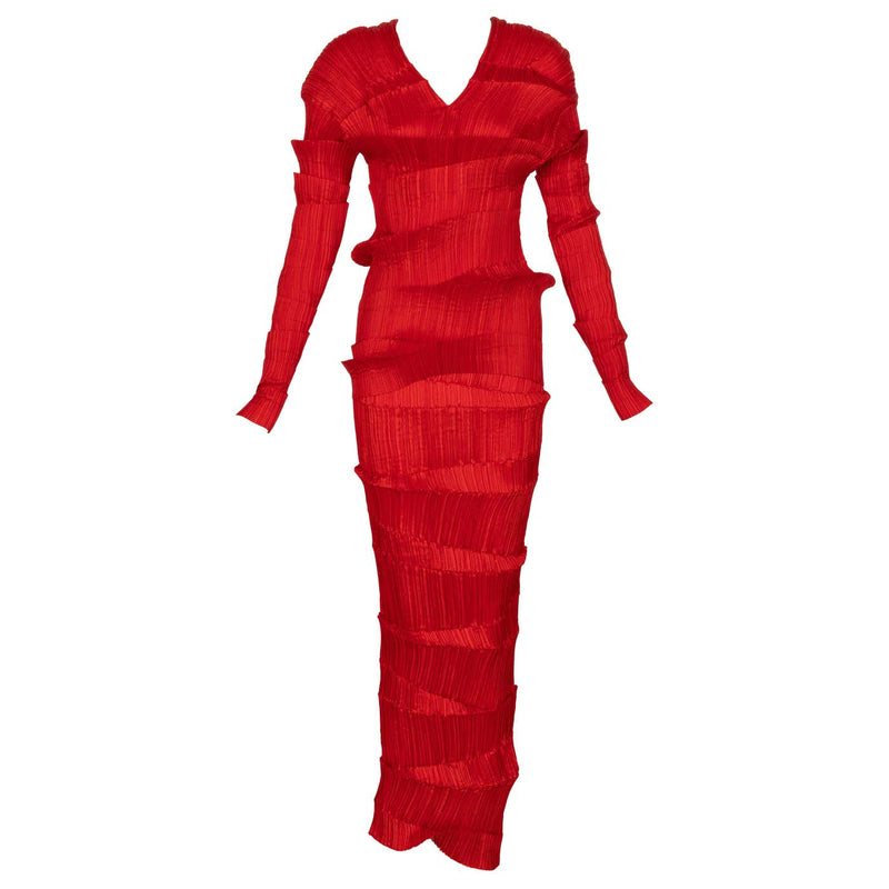 Incredible 1990s Issey Miyake Pleated Red Top & Skirt Ensemble