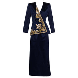 Vintage Oscar de la Renta Navy Satin Gold Embellished Skirt Suit F/W 1992