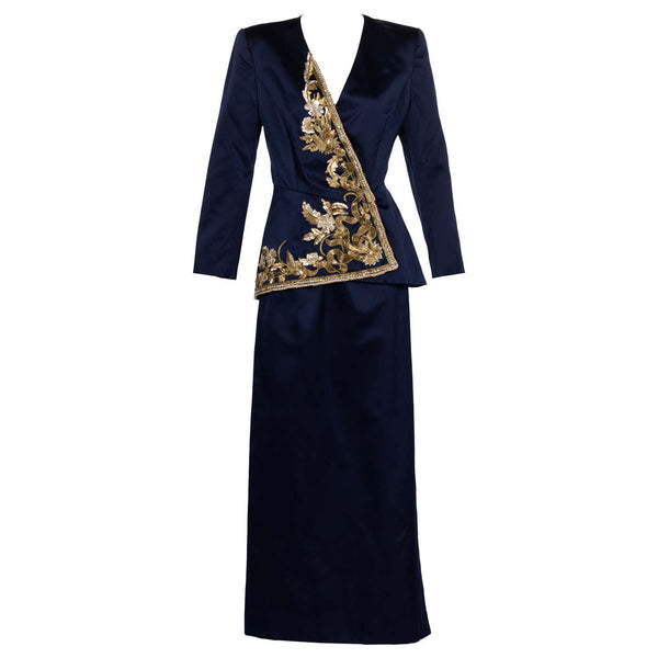 Vintage Oscar de la Renta Navy Satin Gold Embellished Skirt Suit F/W 1992