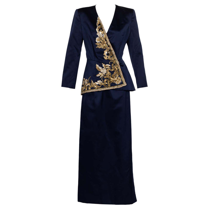 Vintage Oscar de la Renta Navy Satin Gold Embellished Skirt Suit F/W 1992