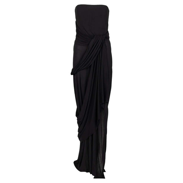 Bill Blass 1970s Black Strapless Draped Maxi Dress