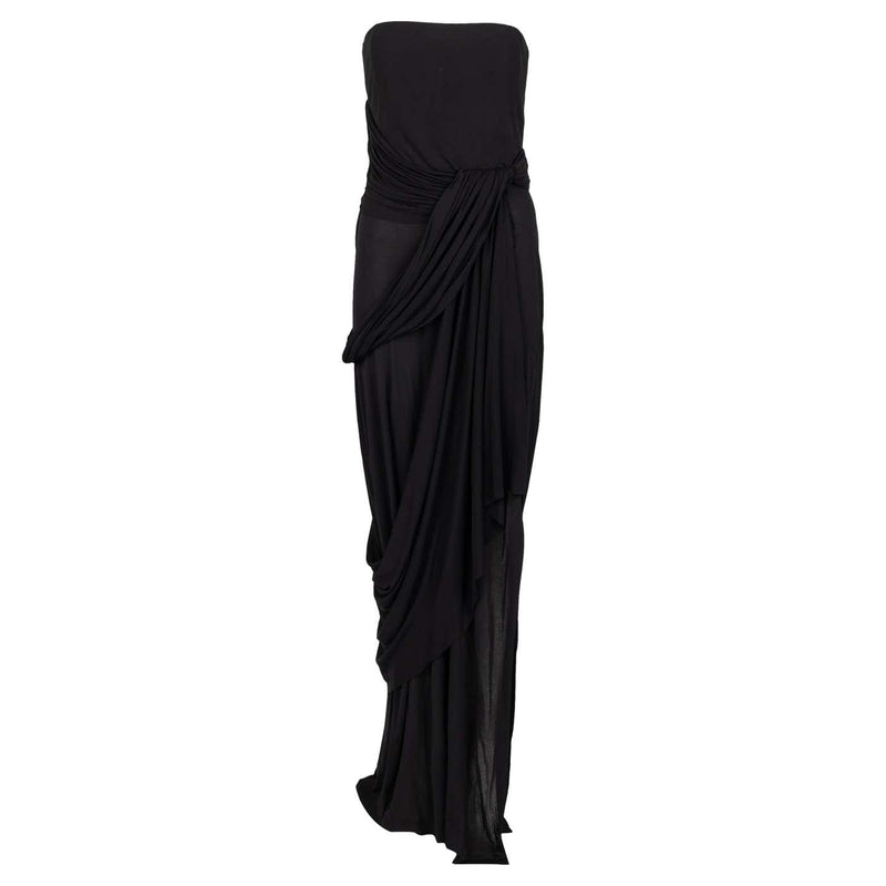 Bill Blass 1970s Black Strapless Draped Maxi Dress