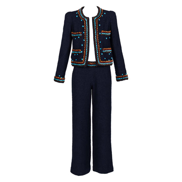 Chanel F/W 1997 Runway Navy Boucle Cropped Jacket Pants Suit