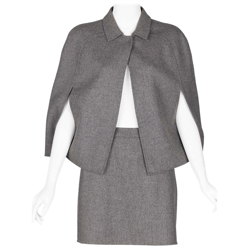 Valentino Grey Wool Angora Cape Mini Skirt Suit Set