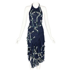 Chloe Blue Silk Embellished Halter Open Back Dress Runway F/W 2008 Basha Gold Chloe Blue Silk Embellished Halter Open Back Dress Runway F/W 2008 Basha Gold