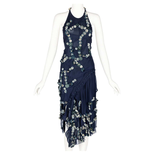 Chloe Blue Silk Embellished Halter Open Back Dress Runway F/W 2008