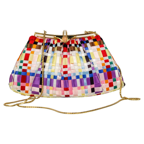 Vintage Judith Leiber Multicolored Woven Ribbon Gold Chain Bag