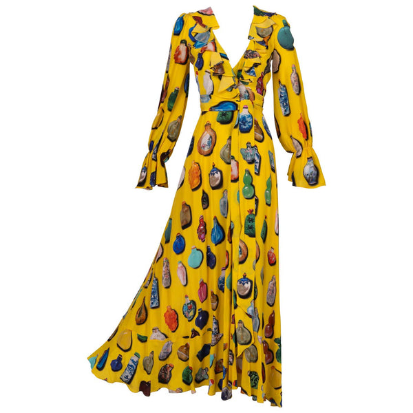 Libertine Fall 2018 Runway Yellow Snuff Bottle Print Silk Wrap Dress – Look 5