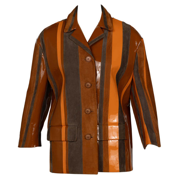 Prada Spring 2016 Runway Look 15 Striped Suede and Patent Leather Jacket