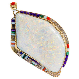 Navajo 14K Gold Monumental Opal and Multi-stone Inlay Pendant, GIA Certified