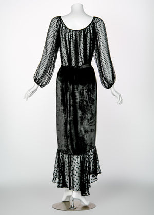 1978 Yves Saint Laurent Documented Runway Black Velvet & Polka Dot Ensemble