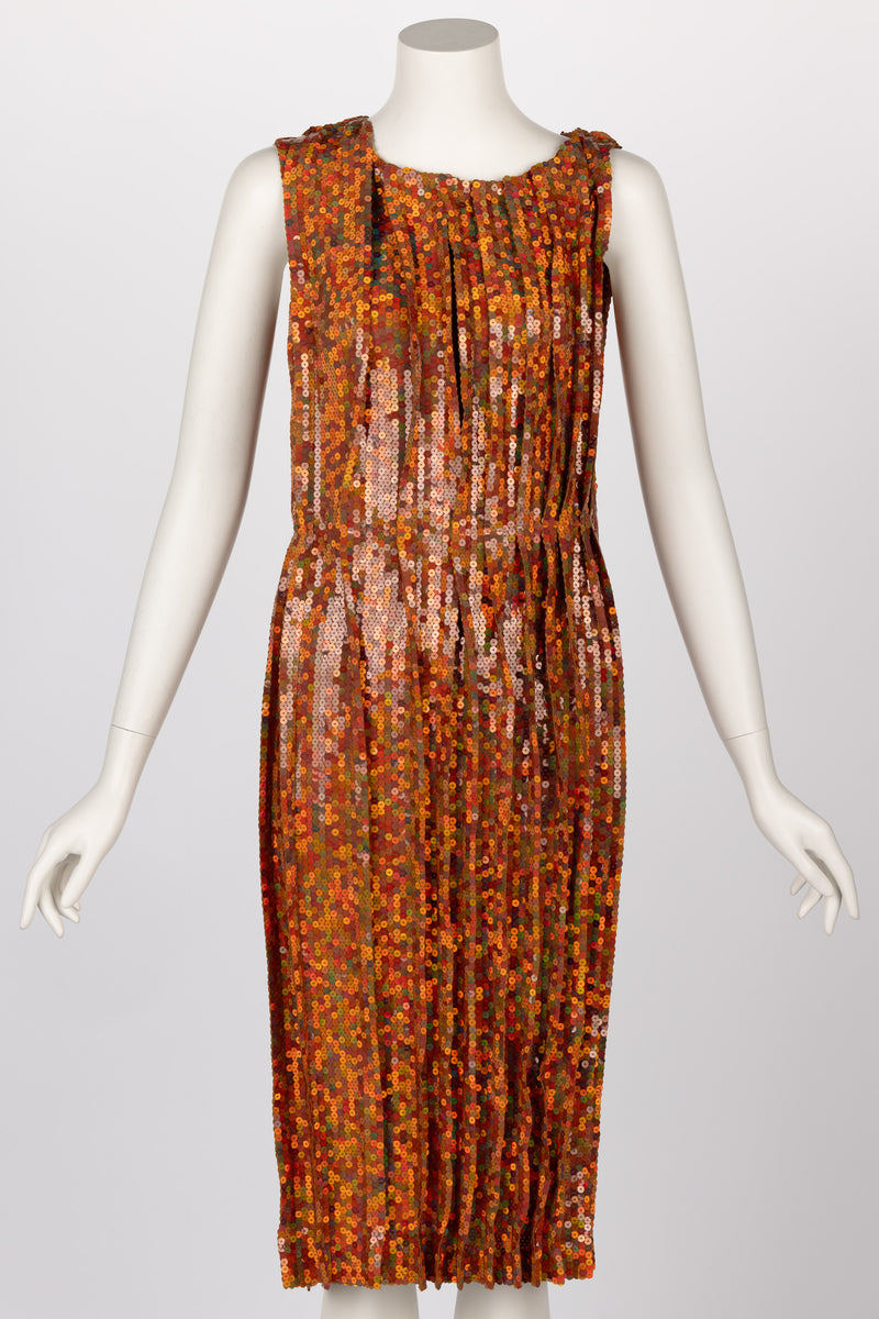 Nina Ricci Sleeveless Orange Copper Sequined Cocktail Sheath Dress 20 Basha Gold