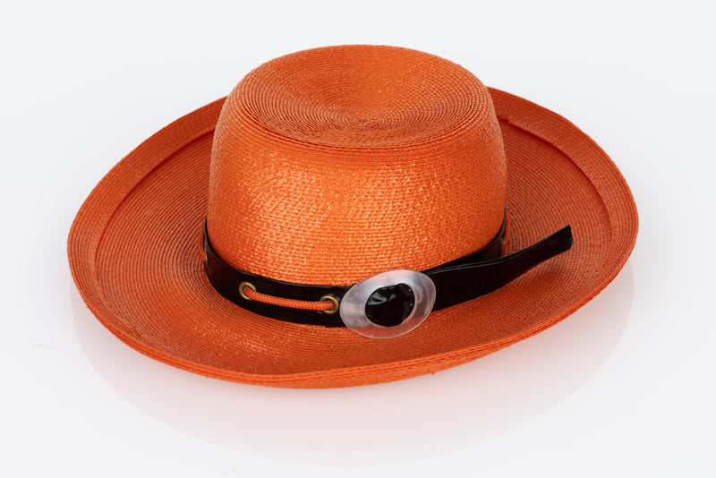 Yves Saint Laurent Orange Straw Back Patent Lucite trim Hat, 1970s