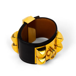 Hermès 2008 Collier de Chien Black Box Leather Cuff with Gold-Plated Hardware