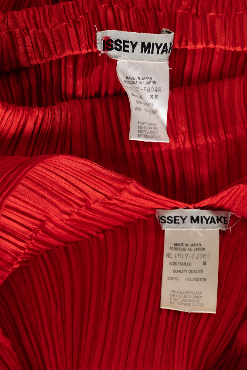 Incredible 1990s Issey Miyake Pleated Red Top & Skirt Ensemble
