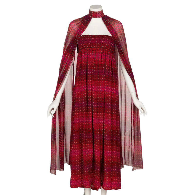 1970s Pauline Trigère Red Print Strapless Dress & Cape Set