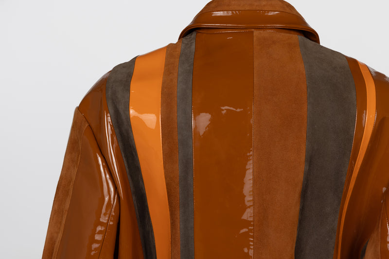 Prada Spring 2016 Runway Look 15 Striped Suede and Patent Leather Jacket