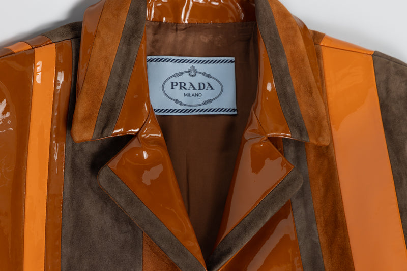 Prada Spring 2016 Runway Look 15 Striped Suede and Patent Leather Jacket