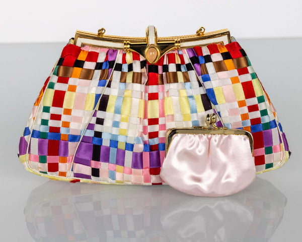 Vintage Judith Leiber Multicolored Woven Ribbon Gold Chain Bag