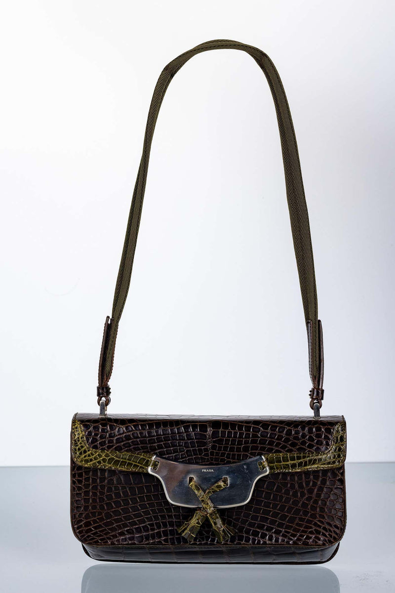 Prada Brown & Green Crocodile Shoulder Bag Y2K