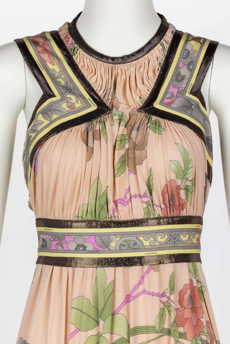 Leonard Paris Pink Mikado Floral Print Silk Metallic Trim Maxi Dress