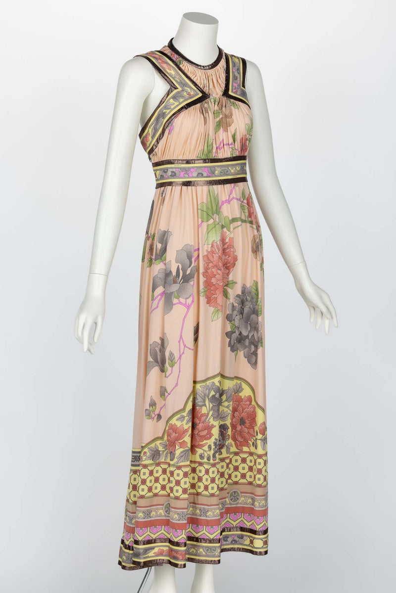 Leonard Paris Pink Mikado Floral Print Silk Metallic Trim Maxi Dress