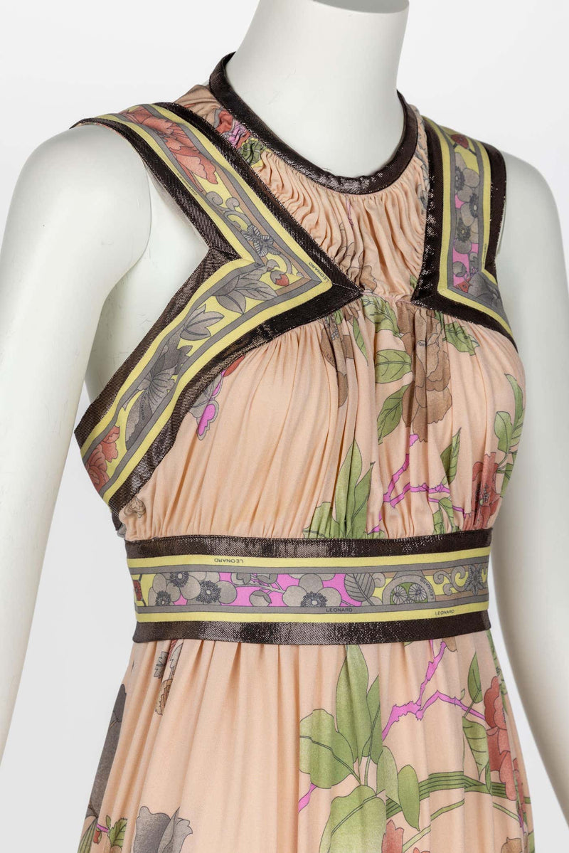 Leonard Paris Pink Mikado Floral Print Silk Metallic Trim Maxi Dress