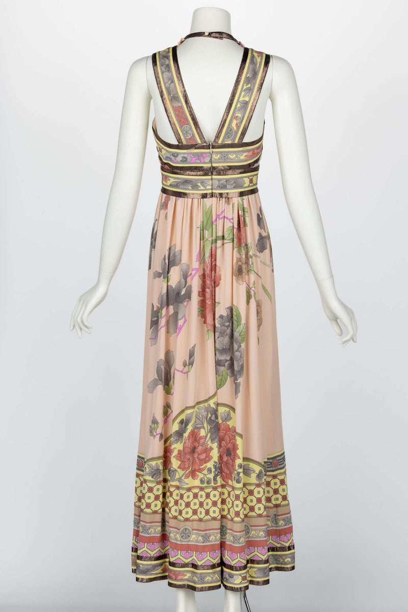 Leonard Paris Pink Mikado Floral Print Silk Metallic Trim Maxi Dress