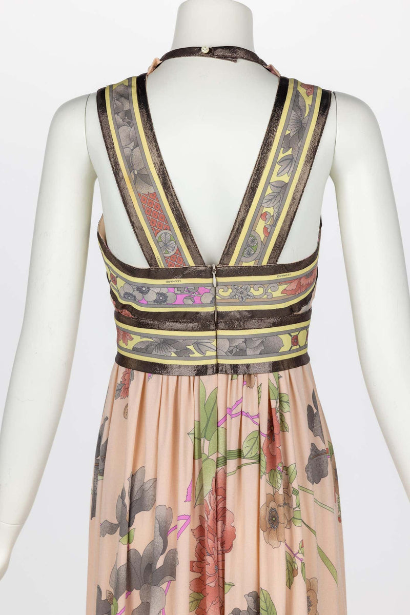 Leonard Paris Pink Mikado Floral Print Silk Metallic Trim Maxi Dress